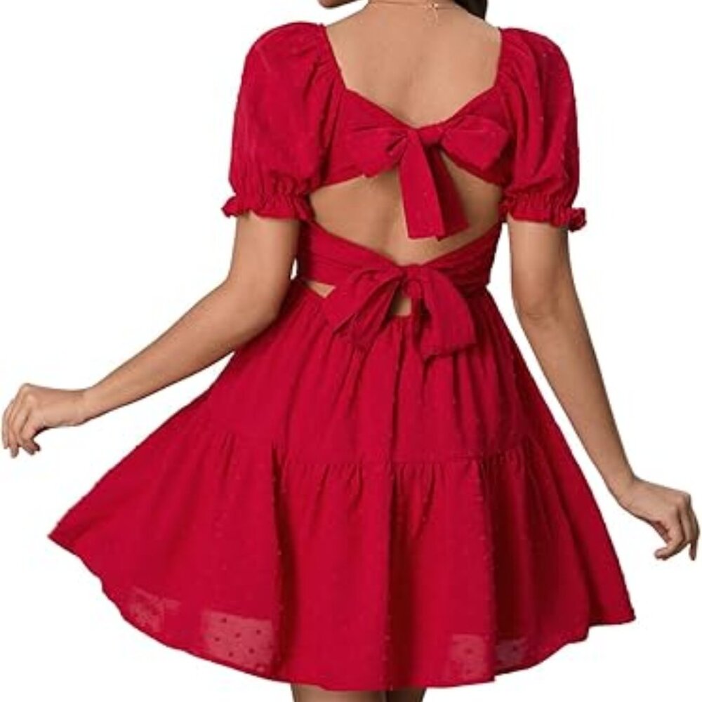 Women's Bow Mini Dress Square Neck Puff Short Sleeve Ruffle A Line Flowy Holiday